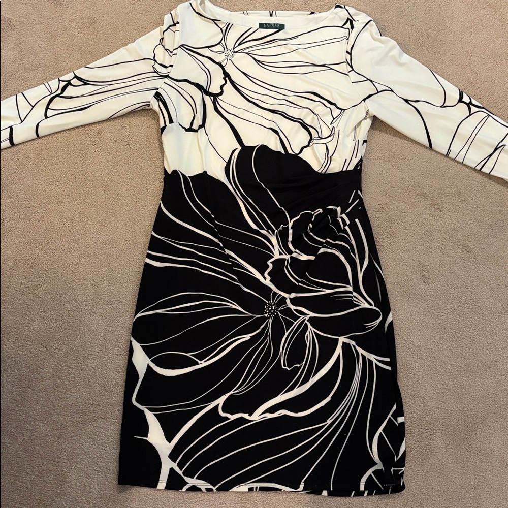 Ralph Lauren Black & winter White Long Sleeve Midi Dress -size 18. Flattering.